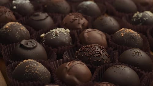 Delicious gourmet chocolate truffle assortment dolly shot