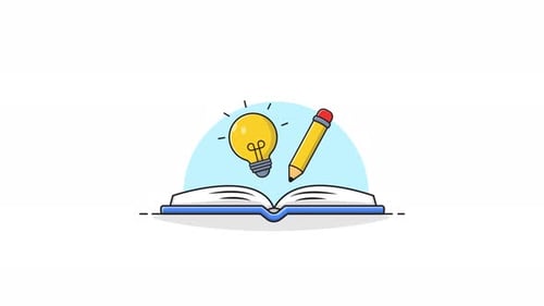 Flat Design Education Animation with Book, Idea, and Pencil