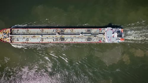 Aerial footage over oil tanker.