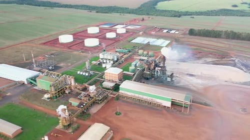 Aerial view on biofuel, sugarcane and ethanol factory