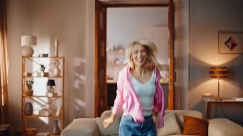 Blonde Woman Dancing Happily in Her Modern Home