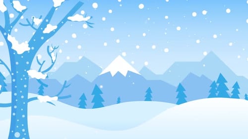 Animated Flat Design Winter Landscape with Falling Snow