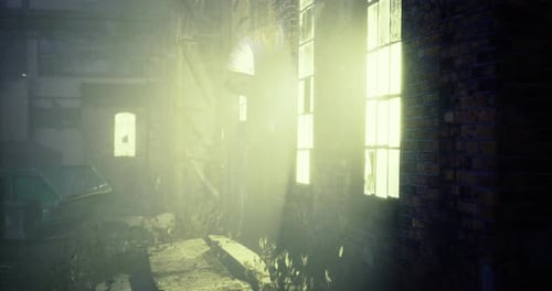 Mysterious Alley with Glowing Windows in an Urban Environment at Night