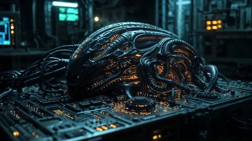 Animated Futuristic Biomechanical Device on Dark Circuitry