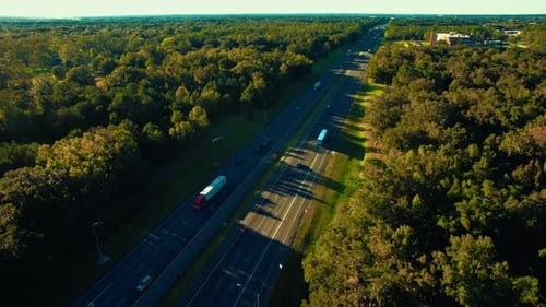 Cars and Trucks Driving on Highway through Forest