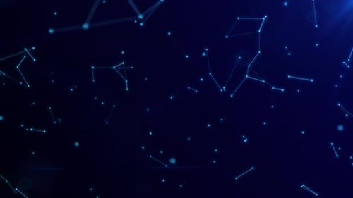 Abstrakte digitale Verbindung, die Punkte und Linien bewegt. Blau, Weltraum, Zukunft, technologischer Hintergrund.