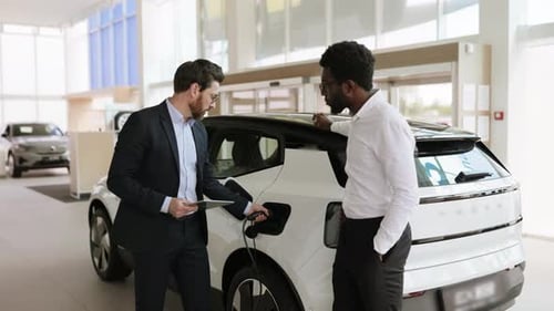 Dealer Sells Electric SUV to Businessman in Car Dealership