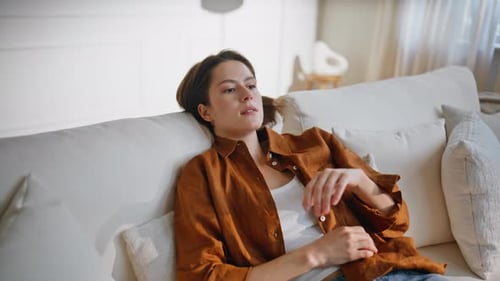 Girl Resting Comfortable Sofa Feeling Tired Closeup Serious Woman Falling Couch