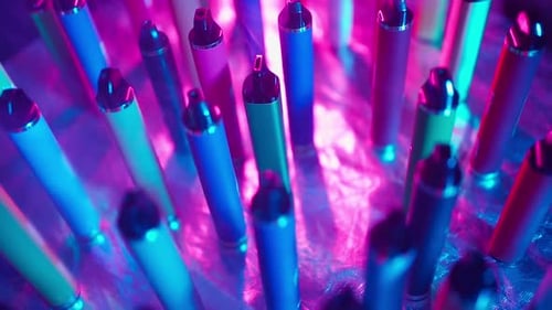 Colorful Vape Pens on Shiny Surface in Neon Light