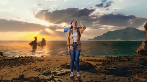 Asian Female Hiker Hand Forehead And Looking Distance on Beach