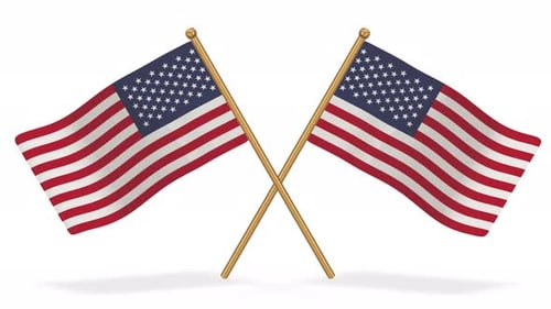 Crossed Waving American Flags with Golden Poles