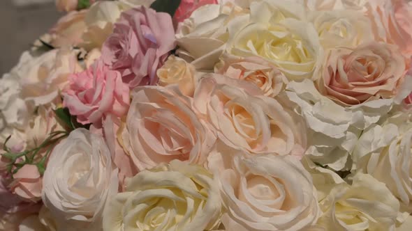 Slowly pushing out from a delicate bouquet of pastel-colored roses for ...