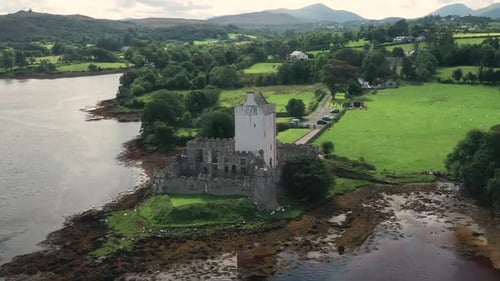 Drone Aerial View of Doe Castle, Sheephaven Bay, Donegal, Ireland. 15th Century Landmark, Towerhouse