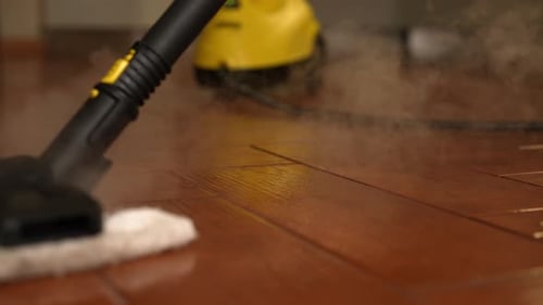 Steam Cleaner Cleaning Brown Wood Floor in Home