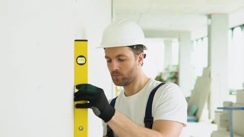 Construction Worker Checking Wall Vertical Alignment With Level