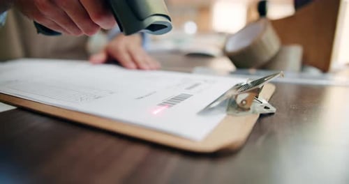 Hands, scan and person with clipboard for inventory, update stock and delivery with courier service