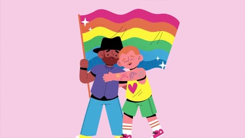 Animated Illustration of Two Men Embracing with Rainbow Pride Flag
