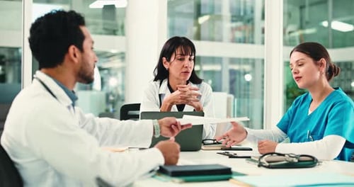 Meeting, clipboard and doctors with nurses in hospital boardroom for surgery schedule