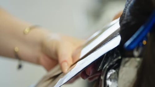 Detailed Close Up View of Stylist Dyeing Woman Hair with Brush in Salon