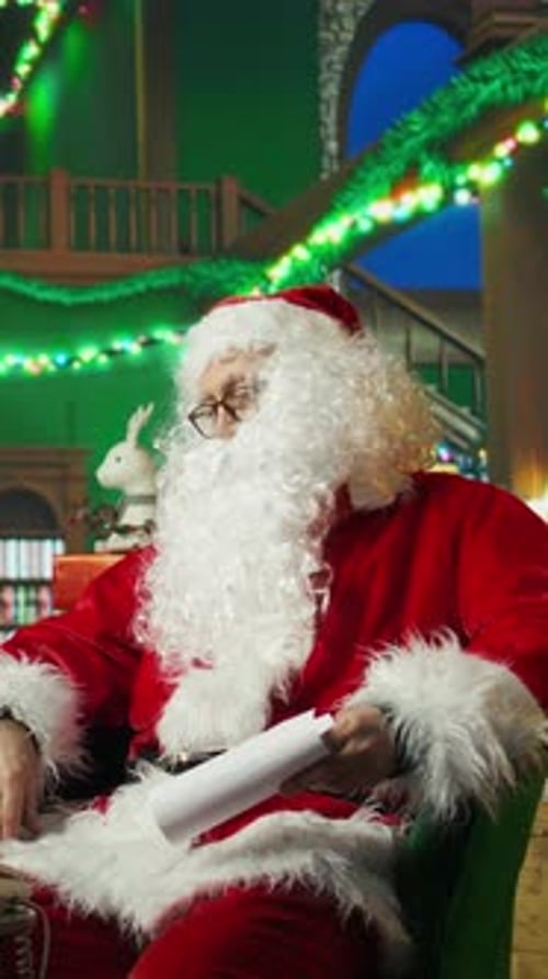 Vertical Video Santa Claus Answering Phone Call Responding to Kids Requesting Gifts