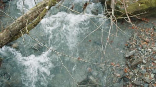 Top View of River Waterfall with Foaming Clear Water in Autumn Dull Forest