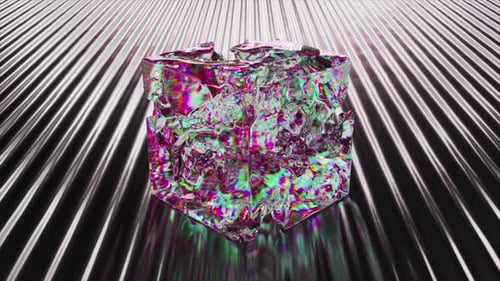 A Transparent Rainbow Substance Takes the Form of a Cube Pink Green Neon Light Corrugated Dark