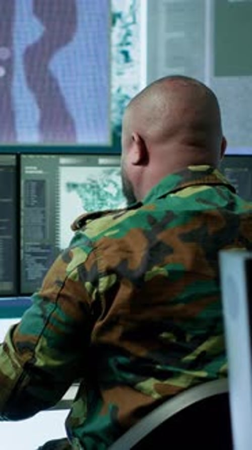 Vertical Video High Tech Military Office with Soldiers Analyzing Real Time Data