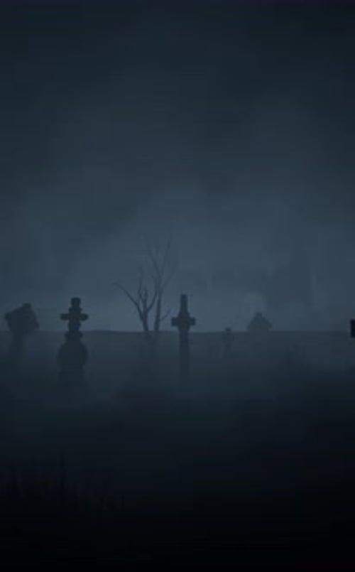 Old abandoned cemetery with tombstones sticking out in all directions, near ancient ruins. Halloween