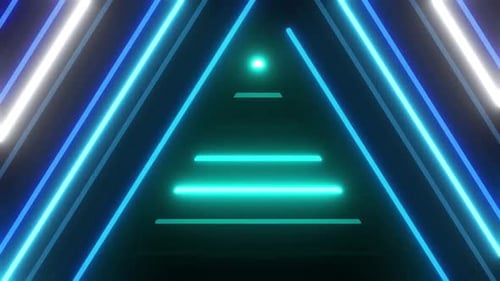 Abstract neon light tunnel with glowing blue and teal lines for tech design