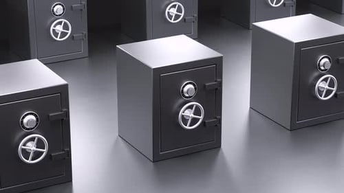 Many safe deposit boxes. Security and bank concept. 4K Video loop Animation.