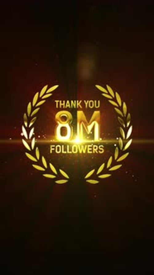 Animación de texto con letras doradas de agradecimiento, 8 millones de seguidores