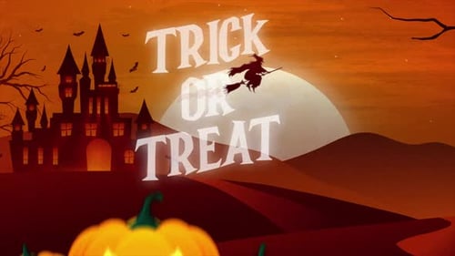 Halloween Night Animated Castle with Pumpkins and Trick or Treat Title