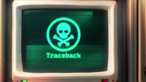Retro Glitch Skull and Crossbones Warning on Monitor Screen