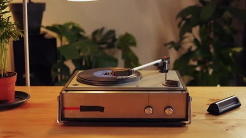 Vintage Record Player Spinning Vinyl on Table
