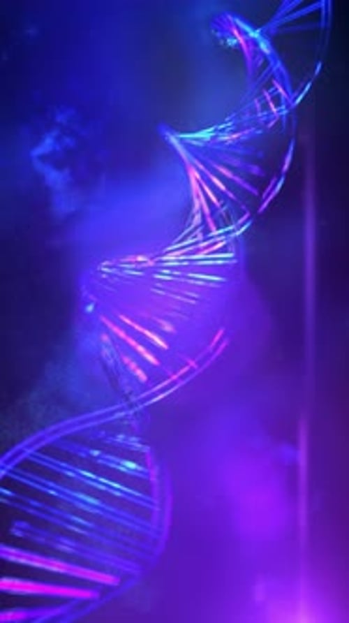 Rotating DNA Helix with Futuristic Neon Lights Background