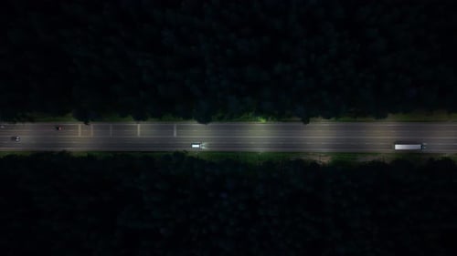 Nighttime View of a Highway with Moving Vehicles Surrounded By Trees