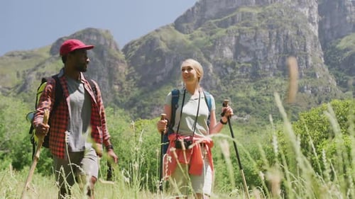 Adults Hiking on Mountain Trail on Sunny Day
