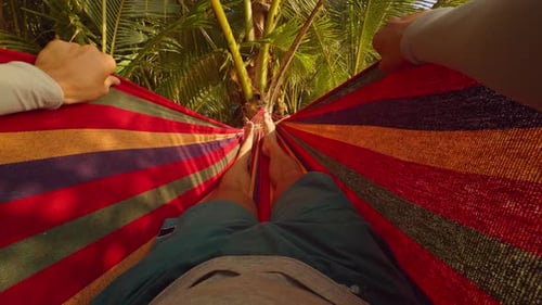 First Person View Of Man Closing Colorful Hammock Around Body With Hands Pulling Fabric In Tropical