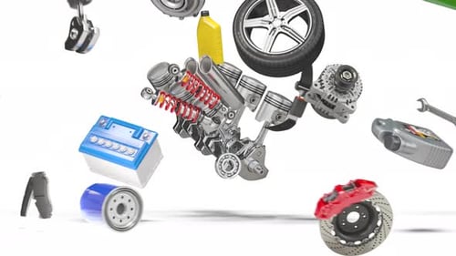 Piezas de automóvil y repuestos de automóviles en forma de corazón aislado en animación 3D en blanco