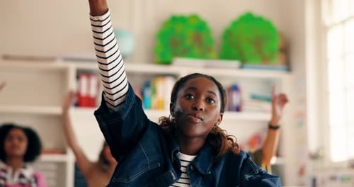 School, question and students in classroom with hands up for learning, education and knowledge