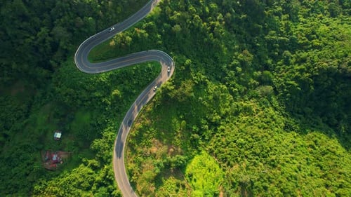 Aerial view over the winding mountain road