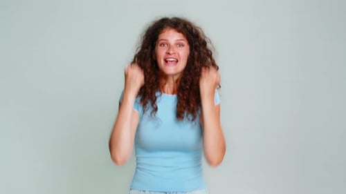 Woman Celebrating Victory Winning Game Joyful Excited Success Happy Positive Cheerful Emotional Mood