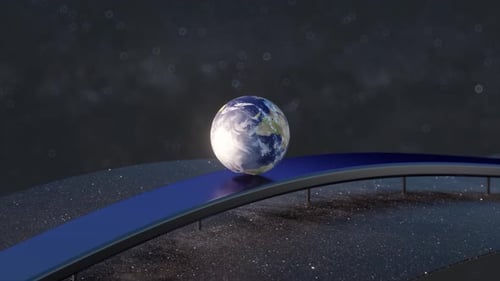 The Ball of the Planet Earth Smoothly Rolls Along the Wave Chrome Surface Against the Background of