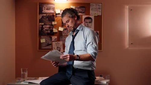 in the Detective's Office Middleaged Investigator in a Shirt and Tie Examines with a Magnifying