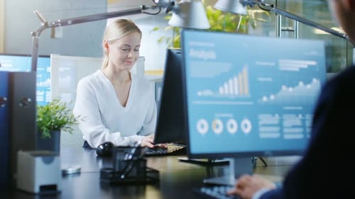 In the Office Beautiful Businesswoman Working on a Personal Computer at Her Desk. Her Colleague's C