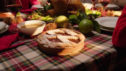 Festive Holiday Dinner Scene with Turkey and Pie