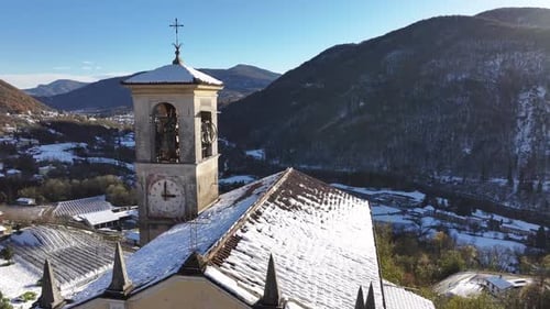 Aerial view of san bartolomeo church and mountains, Switzerland.
