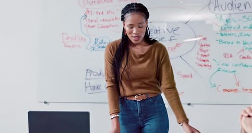 Presentation, workshop and business black woman with whiteboard for creative meeting