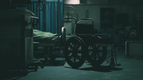 Abandoned Hospital Room with a Wheelchair and Empty Bed at Night