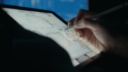 Designer Using Tablet and Stylus Pen at Night